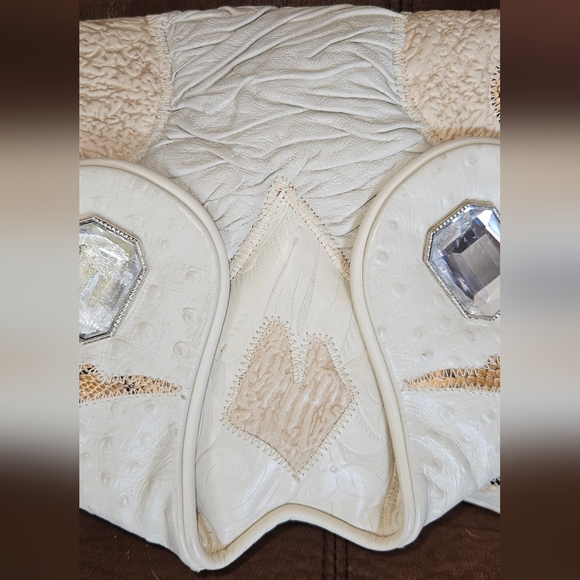 PELLE Vintage 80s Shoulder Bag Envelope Purse Ostrich Embossed Cream Leather - Picture 8 of 15